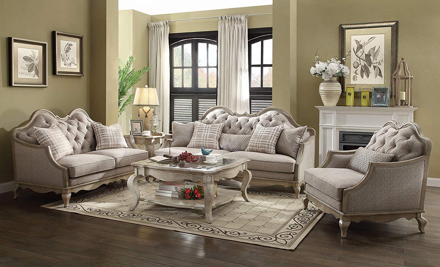 ACME Chelmsford Chair w/1 Pillow - 56052 - Beige Fabric & Antique Taupe